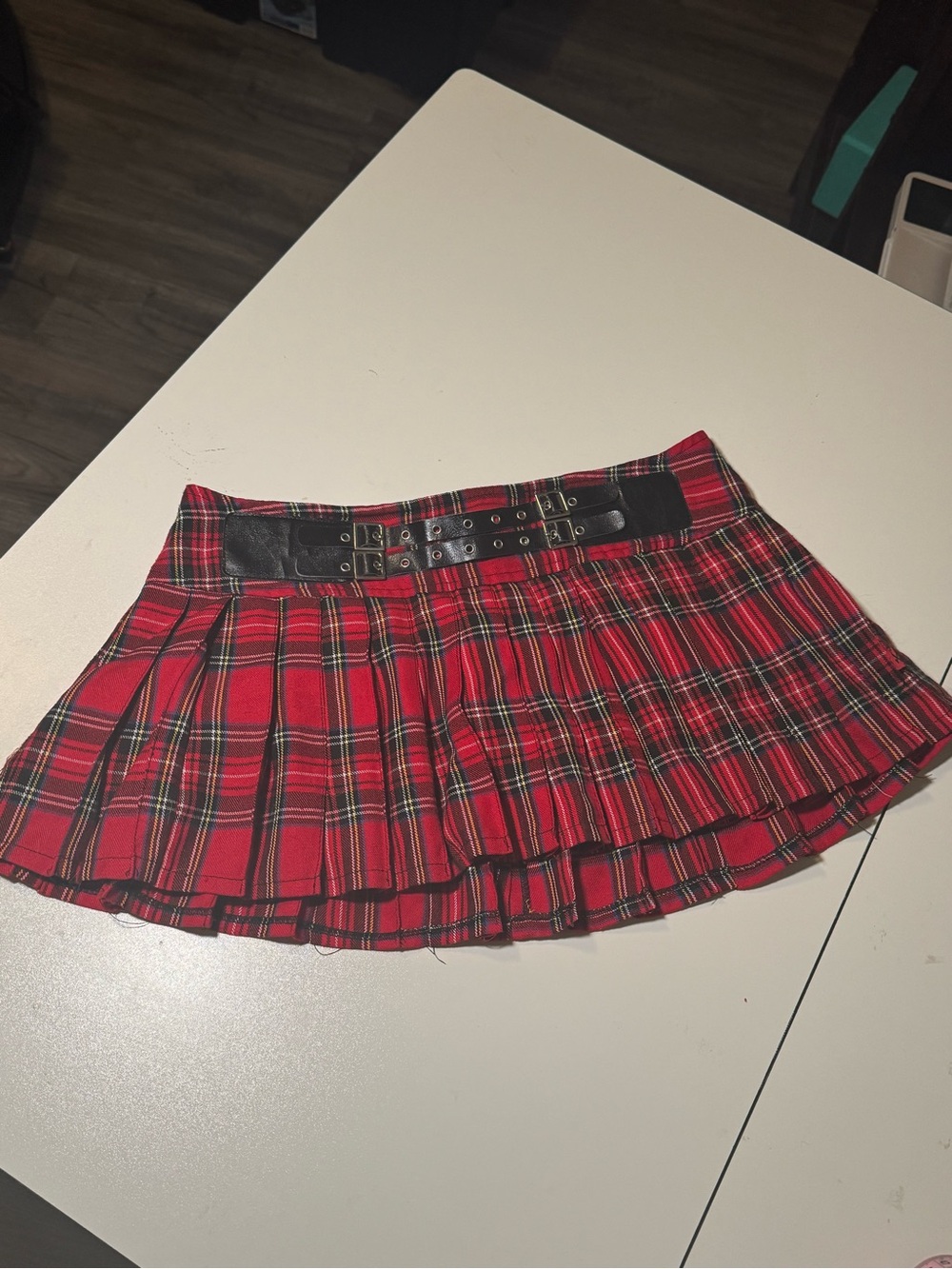 Royal Bones Red Plaid Pleated Mini Skirt with Black Buckle Waist